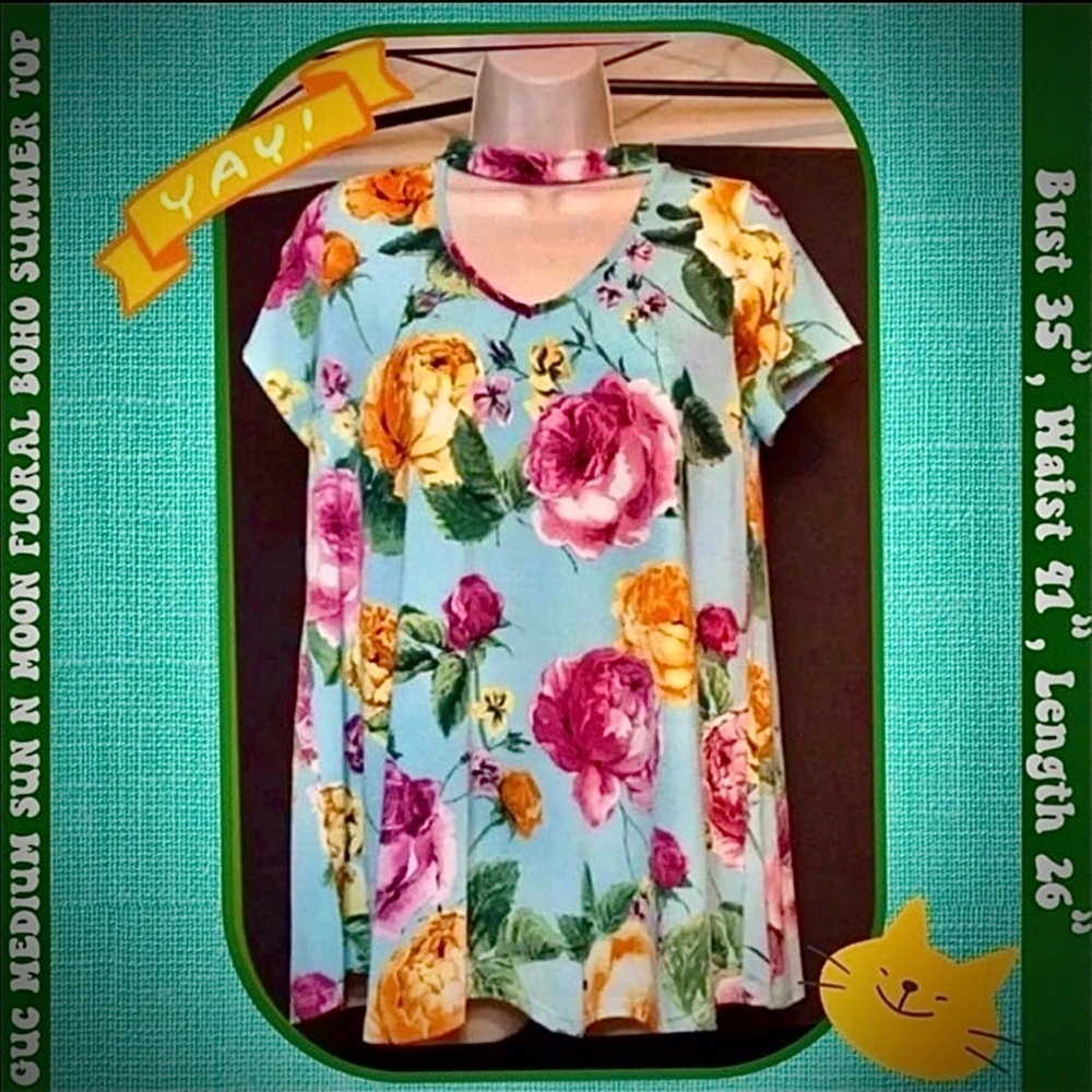 GUC M SUN & MOON M MINT BLUE ROMANTIC FLORAL TOP W V  NECKLINE CUTOUT (bust 35")